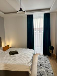 a bedroom with a bed with blue curtains and a window at Cozy Flat in Baia Mare