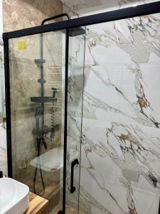 a bathroom with a glass shower with a sink at Cozy Flat in Baia Mare