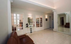 ein Wohnzimmer mit einem braunen Sofa und ein Zimmer mit einem Sofa in der Unterkunft Villa prestigieuse avec piscine privée au cœur de Nice in Nizza