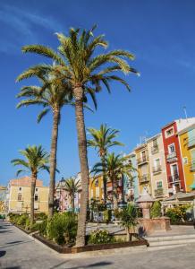 a group of palm trees in a city with buildings at HappyVila SUITE APARTMENTS in Villajoyosa