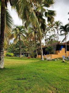 a green yard with palm trees and a building at Villa Vitali - Casa vacacional con Piscina y Jardines en Morrocoy para 14 personas in Tucacas