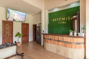 a hotel lobby with a bar with a green wall at Artemisa Hotel Villa de Leyva in Santa Sofía