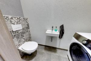 a bathroom with a toilet and a washing machine at Lovely 2-bedroom apartment in centre of Bratislava in Bratislava