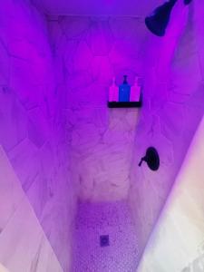 a purple room with a stone wall with bottles on a shelf at in Baker St. Abode Minutes to Downtown in Denver