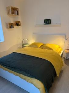 a bedroom with a large bed with yellow pillows at Le Nid de Louise, near highway in Mulhouse