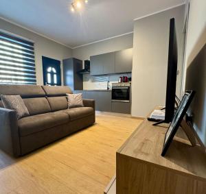 a living room with a couch and a kitchen at Casa Magenta Apartment 5 in Valeggio sul Mincio