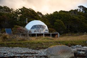 una tenda a cupola bianca in un campo alberato di Glamping in the middle of nature and ocean view a Punta Arenas