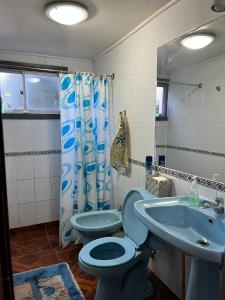 a bathroom with a blue toilet and a sink at Cabaña Esquina Malalcahuello in Malalcahuello