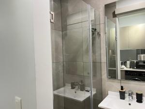 a bathroom with a shower and a sink and a mirror at One Rosebank in Johannesburg