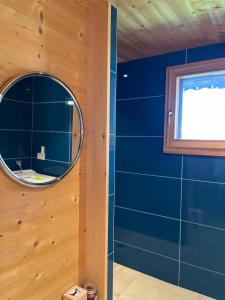 bagno con specchio e parete blu di Small cottage a Contamine-sur-Arve