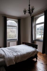 a bedroom with a bed and two windows at Maison Meuse in Waulsort +76 photos