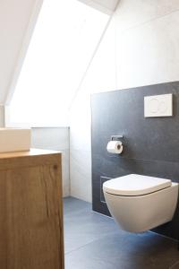 ein Badezimmer mit Toilette und Waschbecken in der Unterkunft Wallfahrtswirt in Wemding