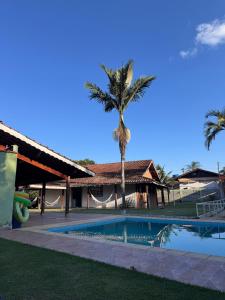 a palm tree next to a house with a swimming pool at Sítio do Zui SP in Piracaia