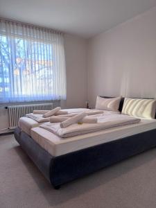 a large bed in a bedroom with a large window at Monteurwohnung Osnabrück 3-Zimmer mit Balkon in Osnabrück +4 photos
