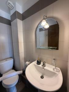 a bathroom with a sink and a toilet and a mirror at En Kanalion well in Kanália +37 photos
