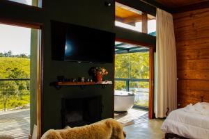 a bedroom with a fireplace and a television and a tub at Cabana Mantiká in Sapucaí-Mirim