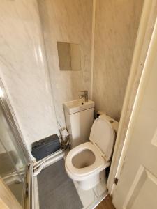 a small bathroom with a toilet and a shower at Marvellous property for 8 people in Battersea - Zone 1, 3 min walking from the main Station in London