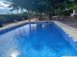 a large swimming pool with blue water in a yard at Masía La Molinera in La Pelechaneta