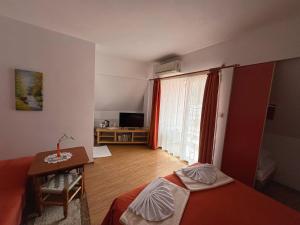 a room with a bed and a table and a window at Family Hotel Flora in Zlatograd