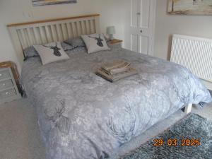a bedroom with a bed with a gray blanket and pillows at Pankhurst, Louth in Louth