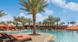 a resort swimming pool with lounge chairs and a palm tree at Gorgeous lakefront home in Esplanade Golf & Country Club in Lakewood Ranch in Bradenton