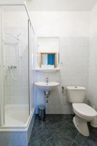 a bathroom with a toilet and a sink and a shower at Hotel-Pension Bleckmann in Vienna