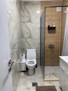 a bathroom with a toilet and a glass shower at Sanja apartman in Bar