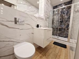 a white bathroom with a toilet and a shower at Kielce City Center Paderewskiego 24 in Kielce +74 photos