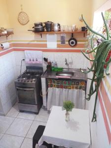a small kitchen with a stove and a sink at Casa Relva Suítes in Lençóis