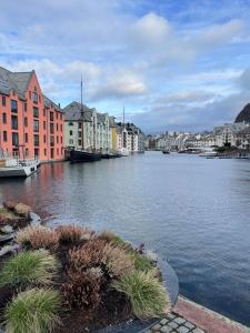 a view of a river with buildings and houses at Charming Modern Apartment Close to Moa & Ålesund in Ålesund