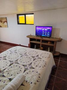 a bedroom with a bed and a television on a table at Hostal puebla in San Baltasar