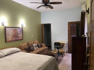 ein Schlafzimmer mit einem Bett, einer Couch und einem Tisch in der Unterkunft Le Quad - One Bedroom & Studio Apt - Private, Spacious & Secured in Kingston