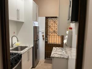 eine weiße Küche mit Spüle und Kühlschrank in der Unterkunft Le Quad - One Bedroom & Studio Apt - Private, Spacious & Secured in Kingston