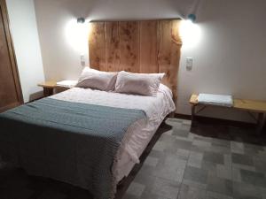 a bedroom with a large bed with a wooden headboard at Jireh in Esquel