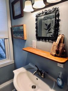 a bathroom with a sink and a mirror on a shelf at Walkable near downtown 1 Bedroom in Portland