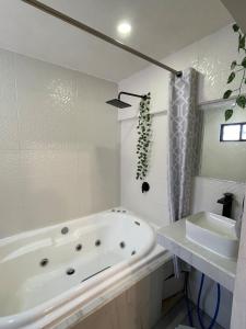 a white bathroom with a tub and a sink at Comoda habitación centrica in Aguascalientes +1 photo