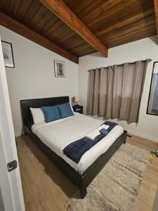 a bedroom with a large bed with blue pillows at P&N Suites - Queen Room- DUBAI in Edmonton