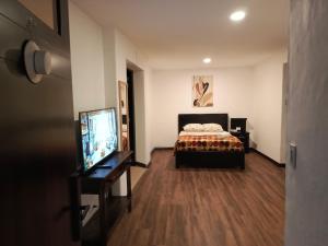 a bedroom with a bed and a flat screen tv at Suite La Pergola - El Renacimiento Suites in Cuenca
