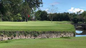 un campo de golf con una pared de piedra y un verde en Boutique City Hideaway Cebu Modern 2-Bedroom Condo Near IT Park, en Cebú