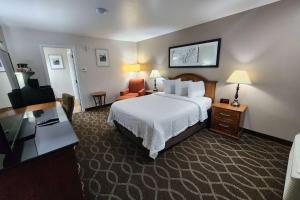 a hotel room with a large bed and a chair at Ramada Bayside Inn & Suites Eureka in Eureka