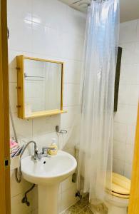a bathroom with a sink and a shower curtain at Everville, Gaegeum Everville 304 #Stairs to 3rd floor in Busan