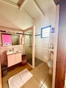 a bathroom with a sink and a toilet at Anara-Rose ensoleillée in Bouillante +28 photos