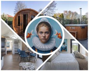 a collage of photos of a house with a painting of a woman at Tiny Wellness House in Heinkenszand with a private sauna, hottub, garden, airco, free wifi, boutique design and a luxury wellness experience in Heinkensand