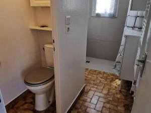 a bathroom with a toilet and a shower at Appartement cosy pour 2, centre-ville, proche plage, parking privé - FR-1-357-334 in La Tranche-sur-Mer +9 photos
