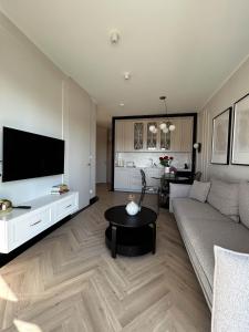 a living room with a couch and a flat screen tv at M&K Apartament Perła Sobieszewo - Wyspa Sobieszewska in Jazowa
