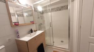 a bathroom with a shower and a sink and a mirror at Belle vue in Agde