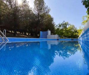 a pool with blue water and trees in the background at Alua Centro de Ocio - Camping Valdearenas in Iznájar