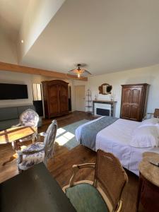 a large bedroom with two beds and a fireplace at Château d'Aynac in Aynac