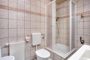 サガルトにあるFerienwohnung Blütenzauberのトイレとシャワー付きのバスルーム