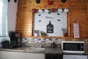 un bancone da cucina con lavello e microonde di River Lane Cottage a Dunnville